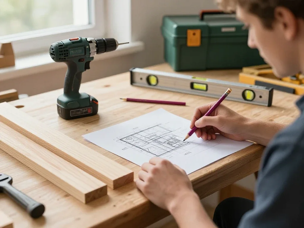 Établi de bricolage organisé avec outils et plans illustrant le processus d'explication détaillé du blog.