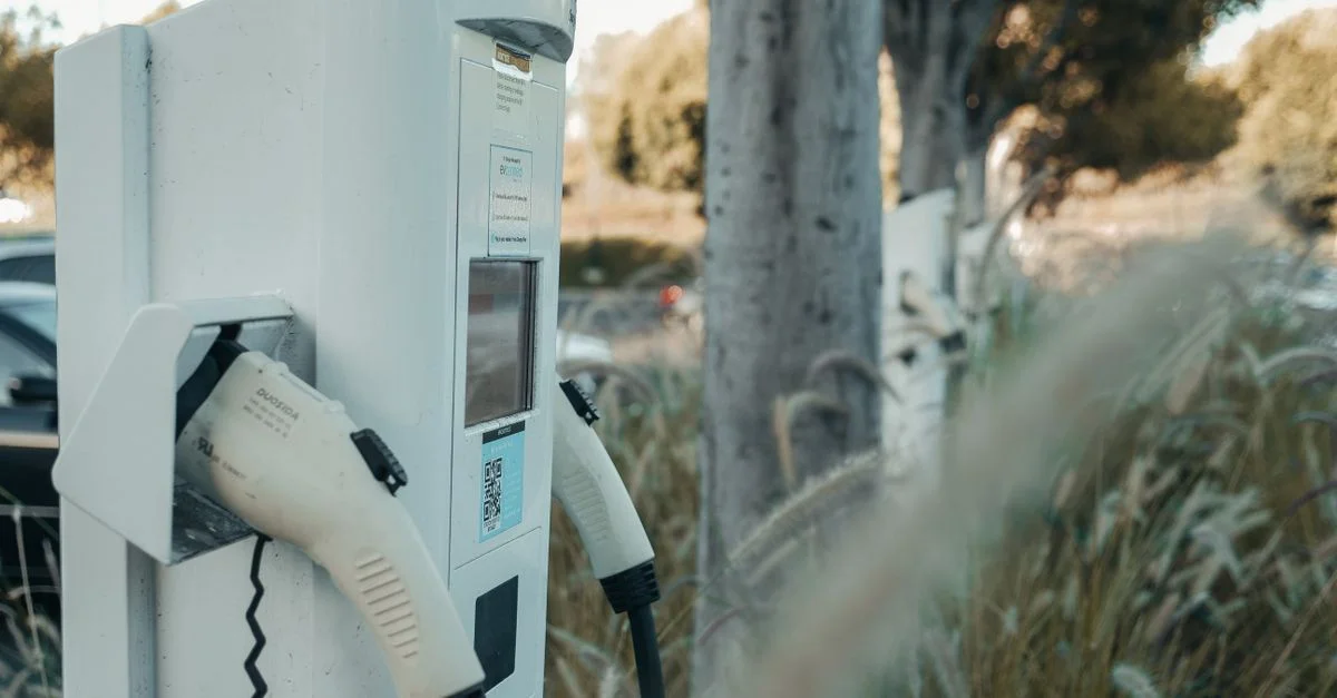 Station de charge pour véhicules électriques dans un cadre naturel extérieur, mettant en avant la technologie durable.