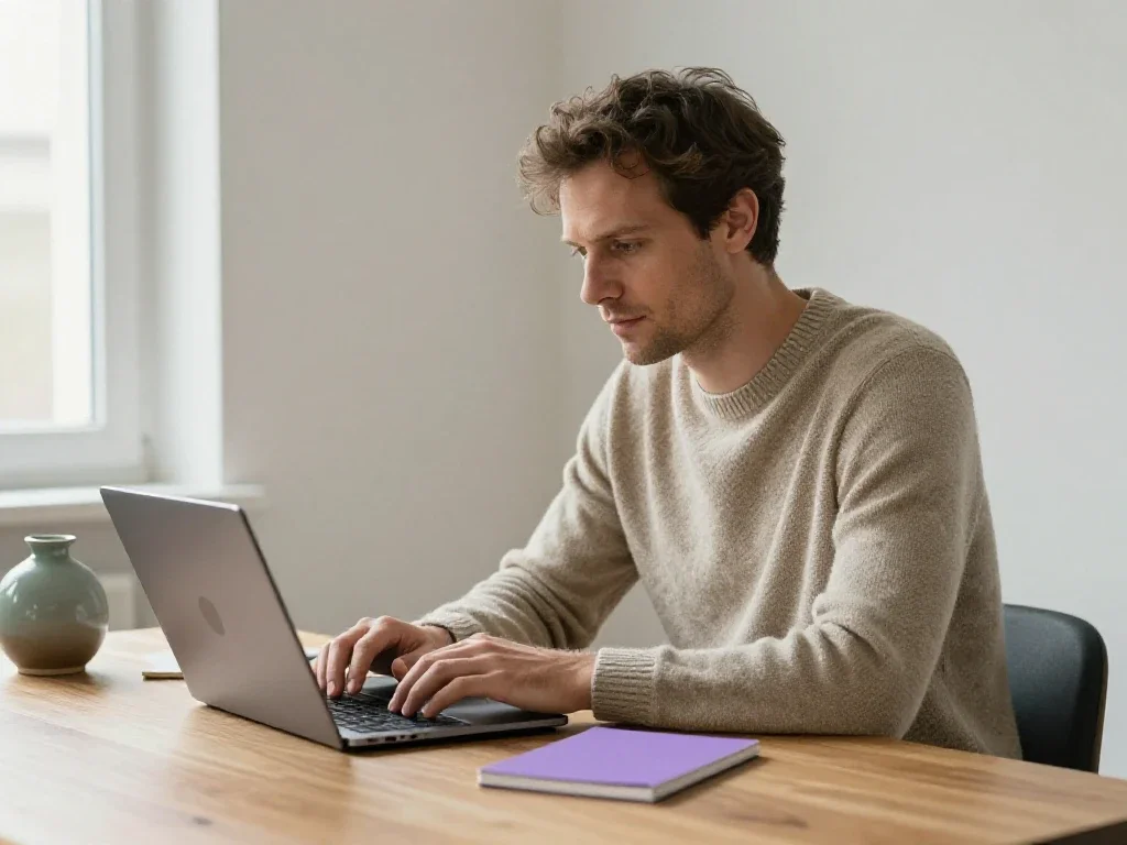 Un rédacteur français travaille sereinement sur son ordinateur dans un bureau lumineux et ordonné.